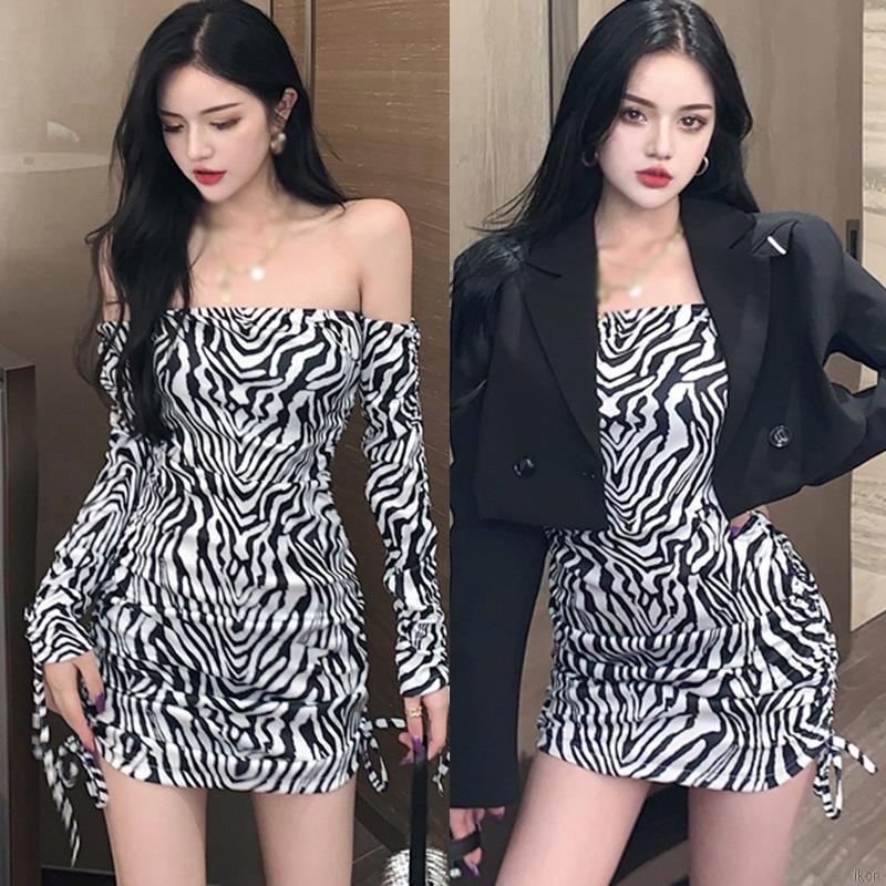 Đầm tay dài ôm dáng họa tiết ngựa vằn đáng yêu phong cách Hàn Quốc Nữ Váy chân váy