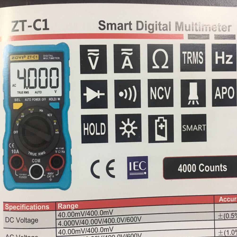 Đồng hồ vạn năng kỹ thuật số Zotek Zoyi Zt-C1 ZT S1 Multimeter bỏ túi đa chức năng đo AC/DC ôm Hz