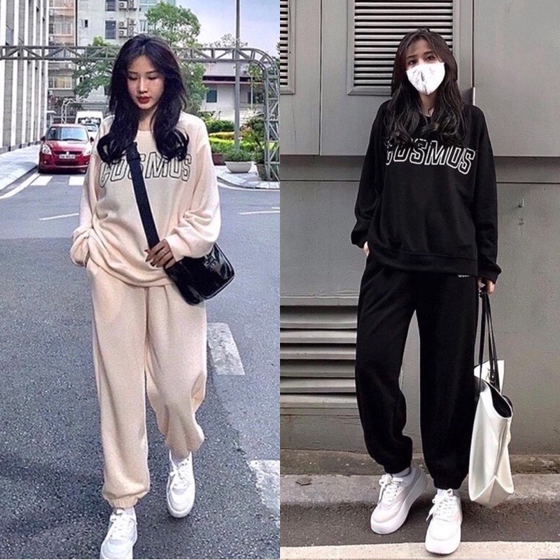 Set áo nỉ COSMOS phong cách Ulzzang tay bồng in chữ kèm quần dày dặn [Ảnh thật/Video] Set bộ Hàn Quốc