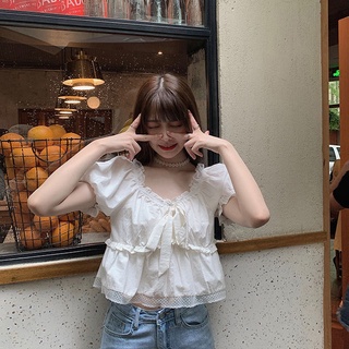 Áo kiểu tay phồng cổ vuông phối ren lưới phong cách dành cho nữ