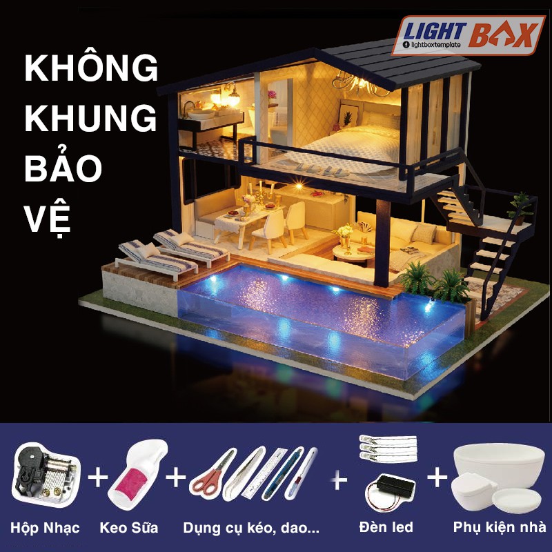 Nhà búp bê Tự làm bằng gỗ [Nhà có nội thất &amp; đèn LED &amp; Âm nhạc] Tặng dụng cụ và 2 bình keo