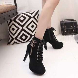 Giày Boots Cao Gót Thắt Dây Có Khoá Kéo Hàn Quốc