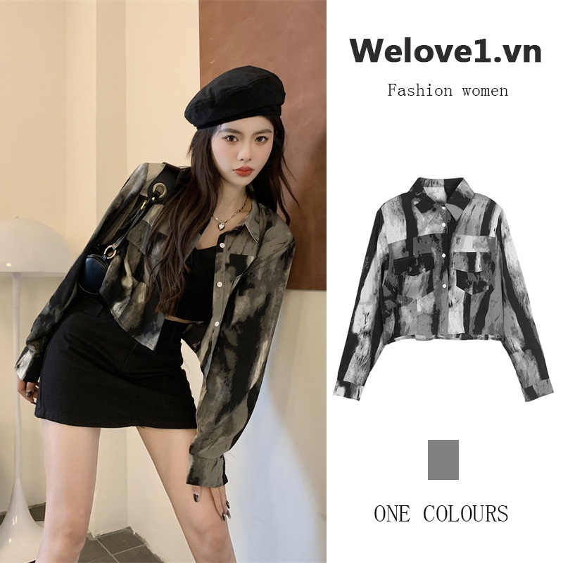 Áo Sơ Mi Ngắn Tay Dài Nhuộm Màu Xám Thiết Kế Mới Phong Cách retro Mỹ Dành Cho Nữ