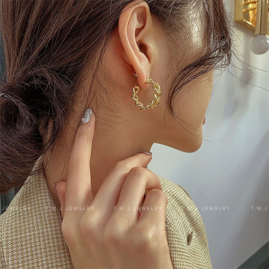 Bông tai nữ TMJ kiểu dáng đan xen kim loại s925 phong cách thanh lịch Hàn Quốc - kt05