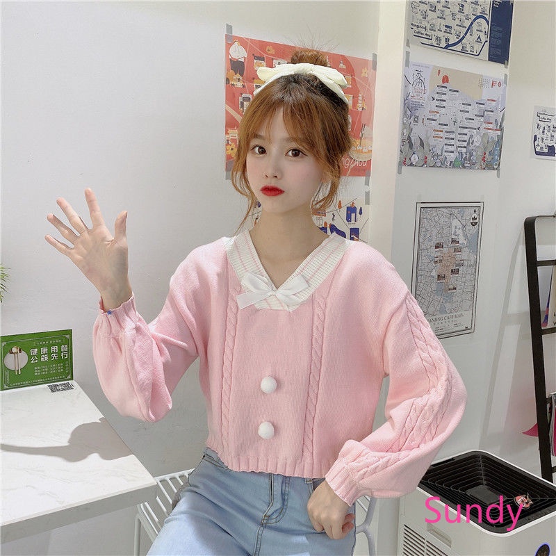 Áo Sweater Dáng Rộng Cổ Chữ V Phối Nơ Xinh Xắn Theo Phong Cách Mùa Thu