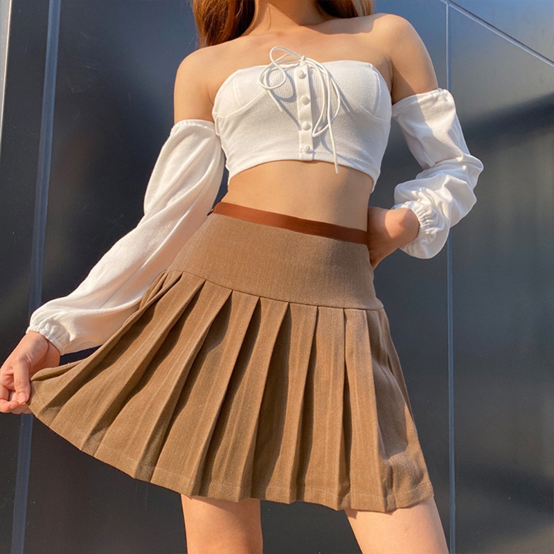 Chân Váy Chữ A Xếp Li Lưng Cao Thắt Dây Phong Cách Harajuku Dành Cho Nữ
