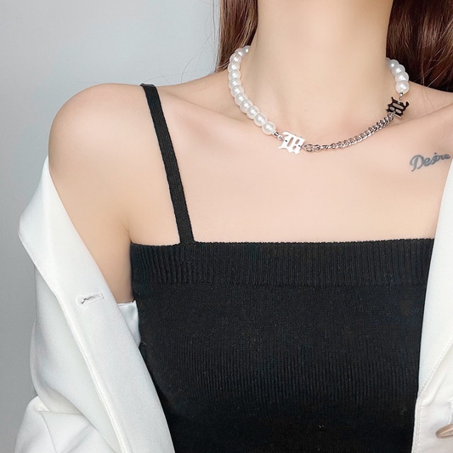 Vòng Cổ Choker / Vòng Đeo Tay Xỏ Ngọc Trai Nhân Tạo Dây Màu Bạc Phong Cách Hàn Quốc