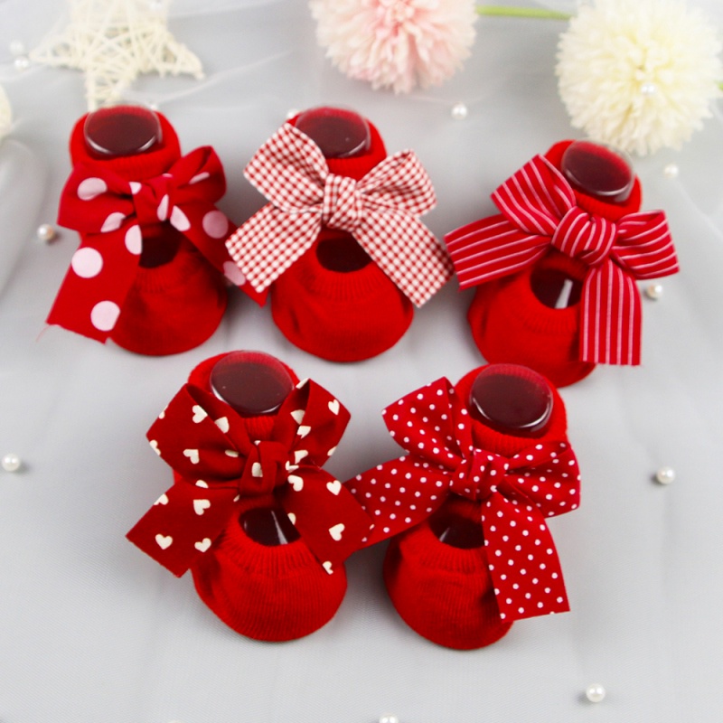 Bộ 2 Đôi Vớ Cotton Chống Trượt Đính Nơ Đỏ Dễ Thương Cho Bé