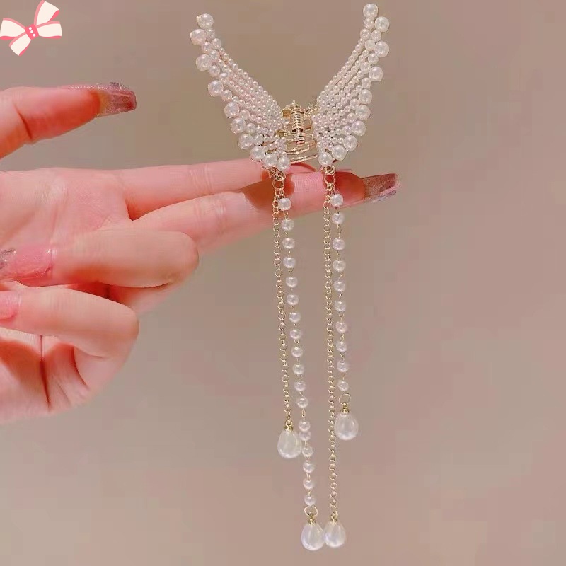 Cặp Kẹp Tóc Bán Nguyệt Đính Ngọc Trai Hình Bướm Tua Rua Thời Trang Cao Cấp YR