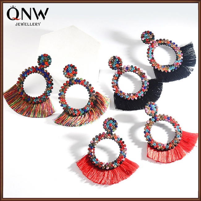 Đôi Khuyên Tai Tua Rua Đính Đá Nhiều Màu Sắc Phong Cách Boho Sang Trọng Dành Cho Nữ