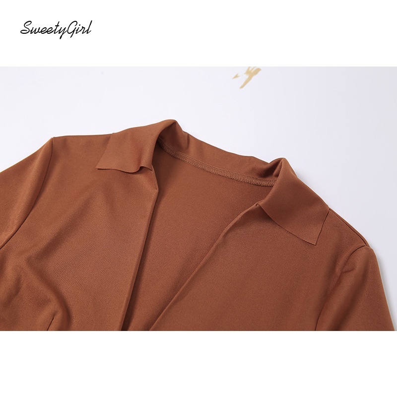 Set áo croptop tay dài cổ bẻ màu trơn + váy ôm eo lưng cao thời trang cho nữ