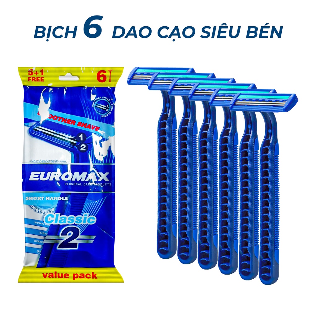 Bịch 6 Cây Dạo Cao Râu Nam Euromax xanh VIP Cán Nhựa 2 Lưỡi