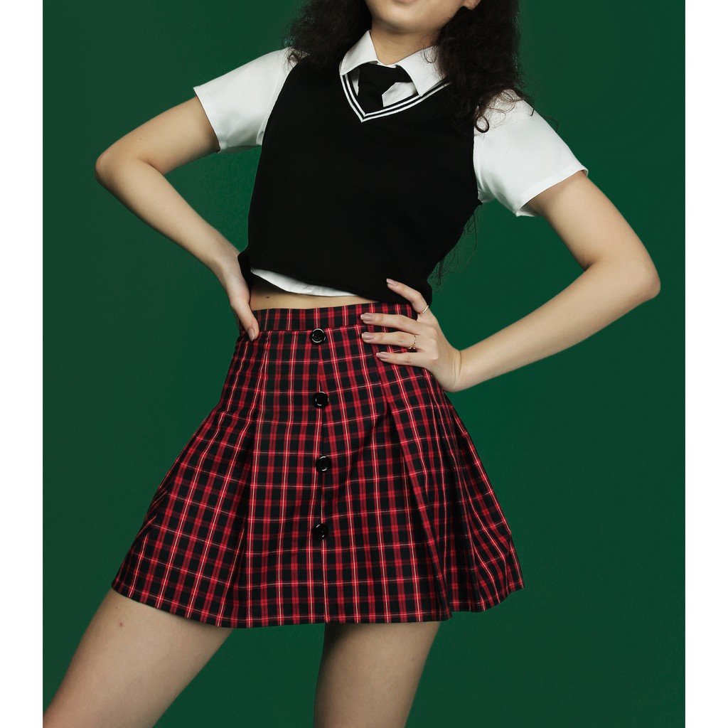 Chân váy xếp ly tennis sọc caro đỏ đen Dalla