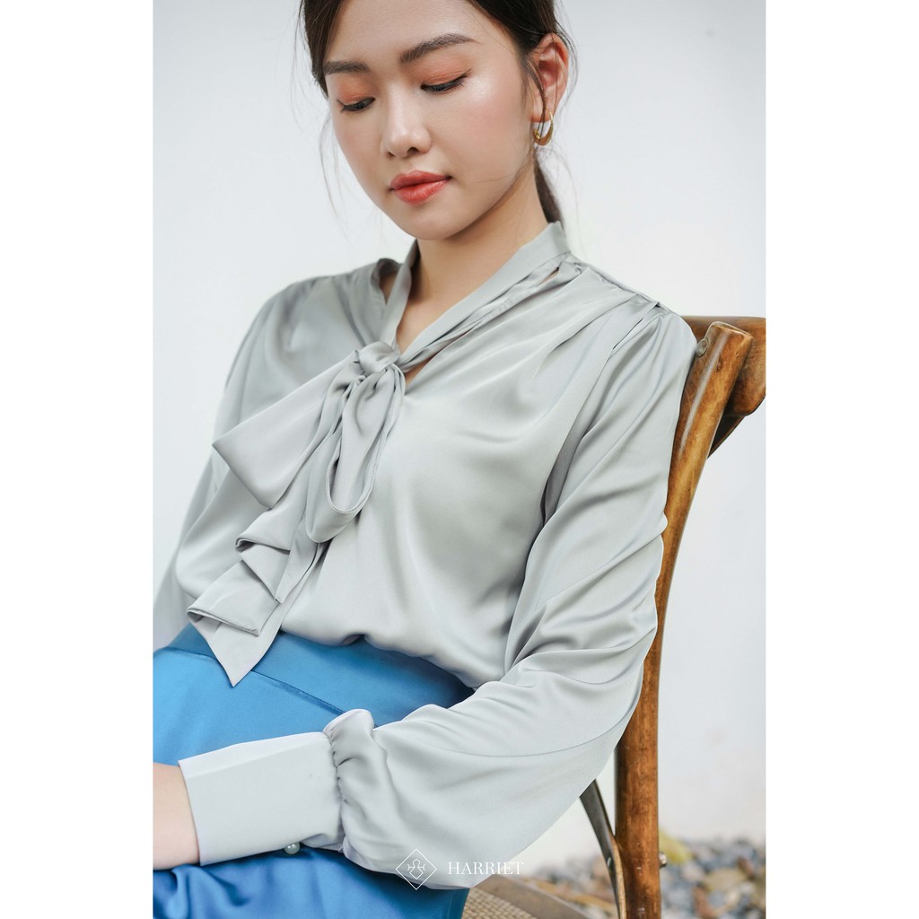 Áo sơ mi Nữ suông vai chờm cổ nơ trẻ trung cá tính xám tro Harriet