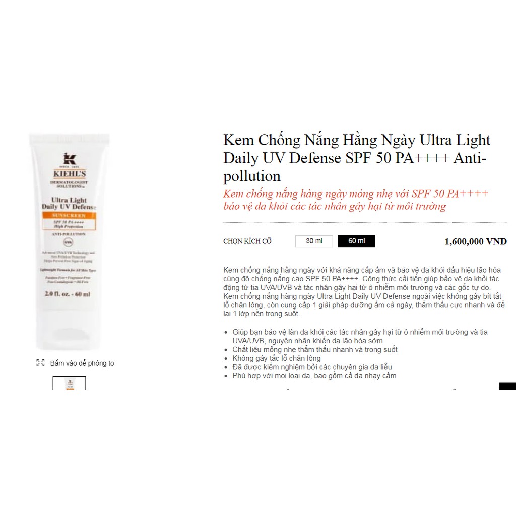 Kem chống nắng Kiehl's minisize 10ml