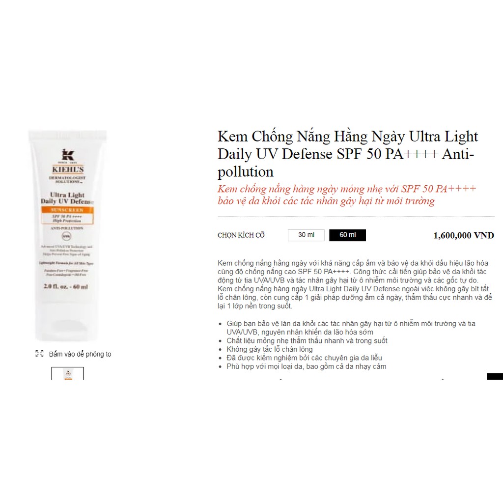 3ml Kiehls Kem Chống Nắng Hằng Ngày Ultra Light Daily UV Defense SPF 50 PA++++ Anti-pollution