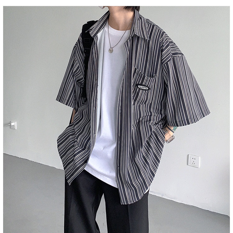 Áo Sơ Mi Tay Ngắn Dáng Rộng Cỡ Lớn Kẻ Sọc Thoáng Khí Kiểu Hip-Hop Đường Phố Nhật Bản Cá Tính Cho Nam