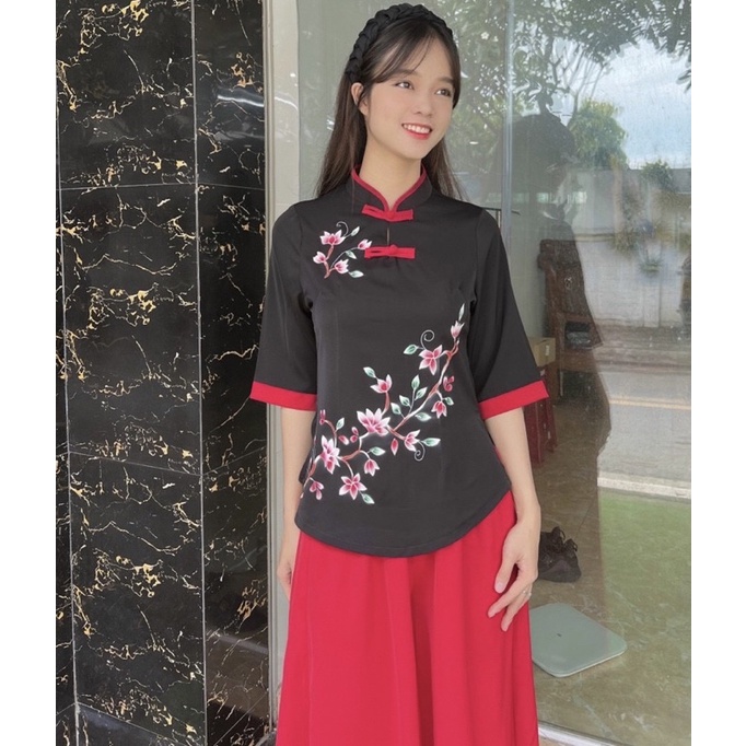 Đồ Lam Đi Chùa # Sẫm Lụa Vẽ Hoa Quần Váy