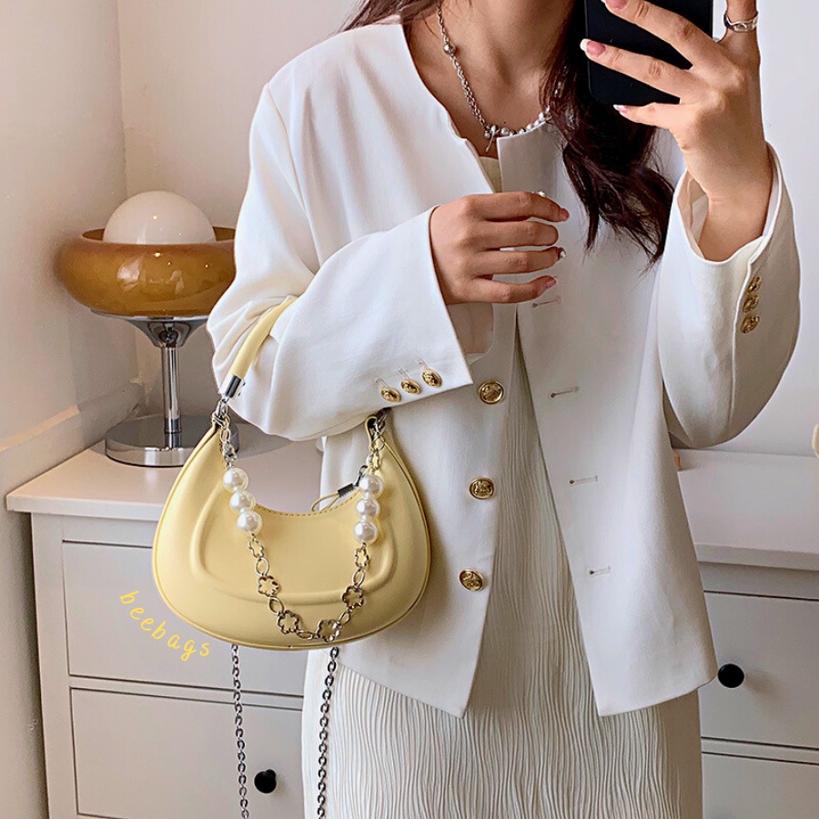 Túi Xách Hình Bán Nguyệt Màu Hồng, Vàng, Trắng, Đen Dễ Phối Đồ | TX32 | Túi Nữ Thời Trang Phối Dây Ngọc Tiểu Thư Cầm Tay