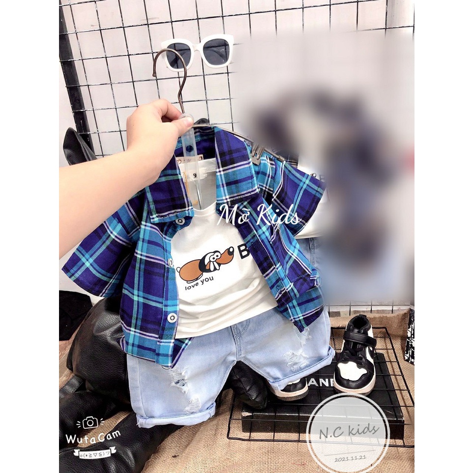 (BOT03) Bộ bé trai 3 chi tiết, Quần Bò Jean + Áo Sơ Mi kẻ + Áo thun cotton cho bé trai, từ 8-22kg - Richkid123