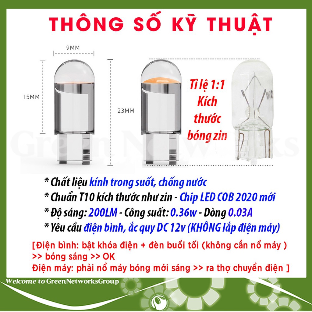 Đèn xi nhan demi thủy tinh chân ghim T10 12V ô tô xe máy Greennetworks ( 1 Bóng )