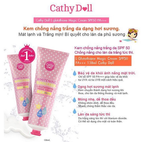 Kem Chống Nắng Trắng Da Cathy Doll L-glutathione Magic Cream SPF50 PA+++ 138ml
