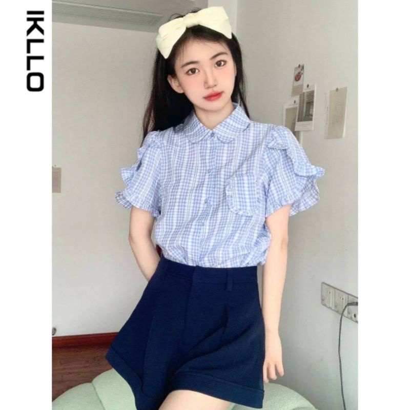 SET ÁO CARO XANH CỔ SEN + SHORT