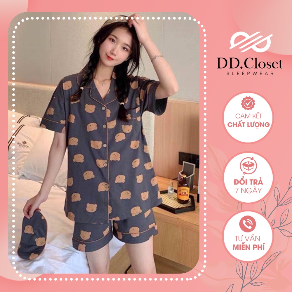 Bộ đồ ngủ pijama nữ cộc tay quần đùi chất lụa Kate Thái mềm mịn màu đen họa tiết gấu vàng siêu xinh - CD0019