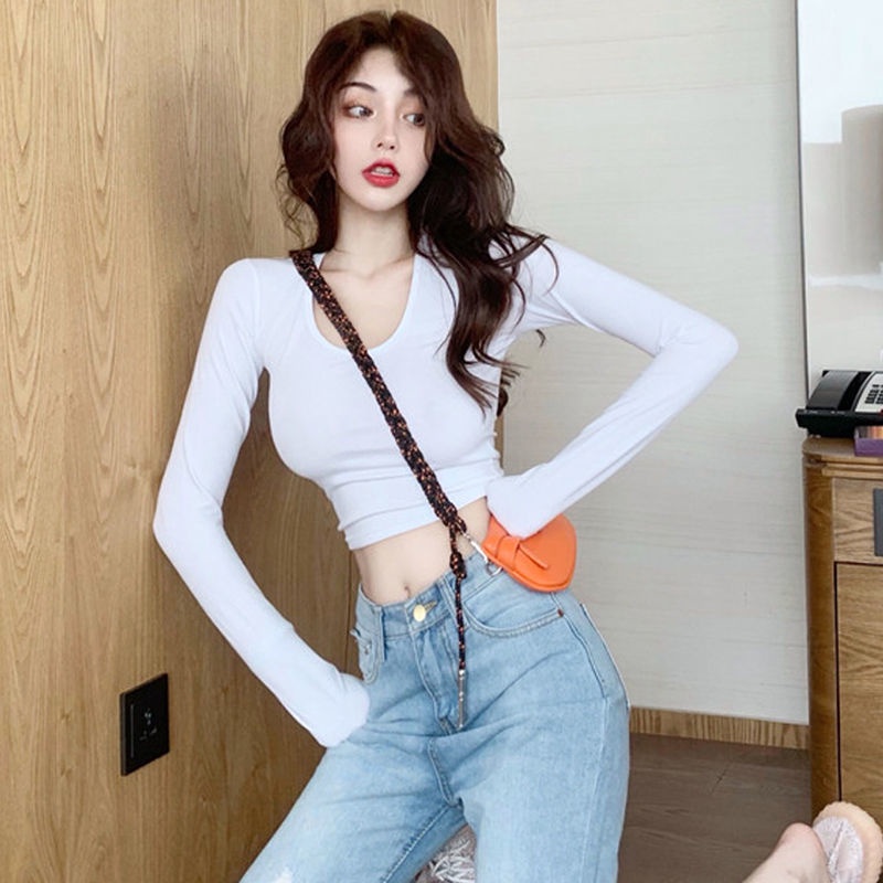 Áo thun CERA-Y croptop tay dài cổ tròn sâu form ôm body màu trắng / màu đen / màu nude CRA074