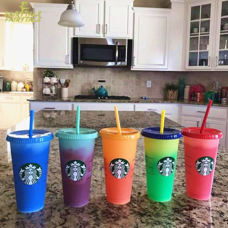 ★ Cốc Nhựa Uống Nước Starbucks/Tumbler Thay Đổi Màu Có Thể Tái Sử Dụng 24Oz Kèm Nắp