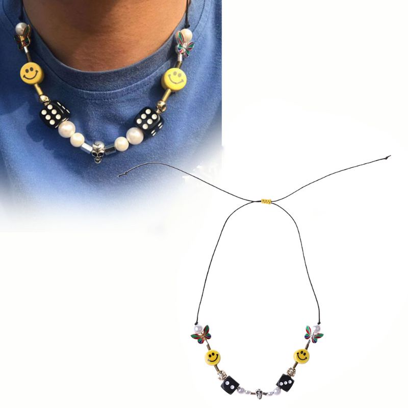 Vòng cổ choker có thể điều chỉnh xỏ phụ kiện mặt cười hạt ngọc trai thời trang