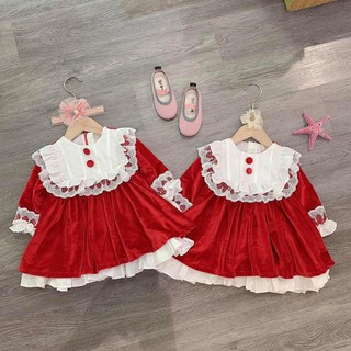 Váy Nhung Cúc Đỏ Phối Viền Ren Trắng Cho Bé (Hàng Loại 1) V141 - Namkidshop