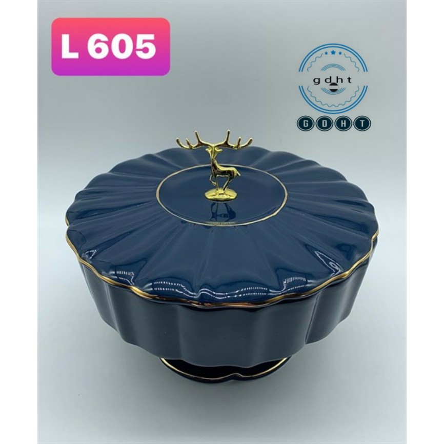 Khay mứt xanh bằng sứ hình hươu cầm tay có chân xoay sang trọng