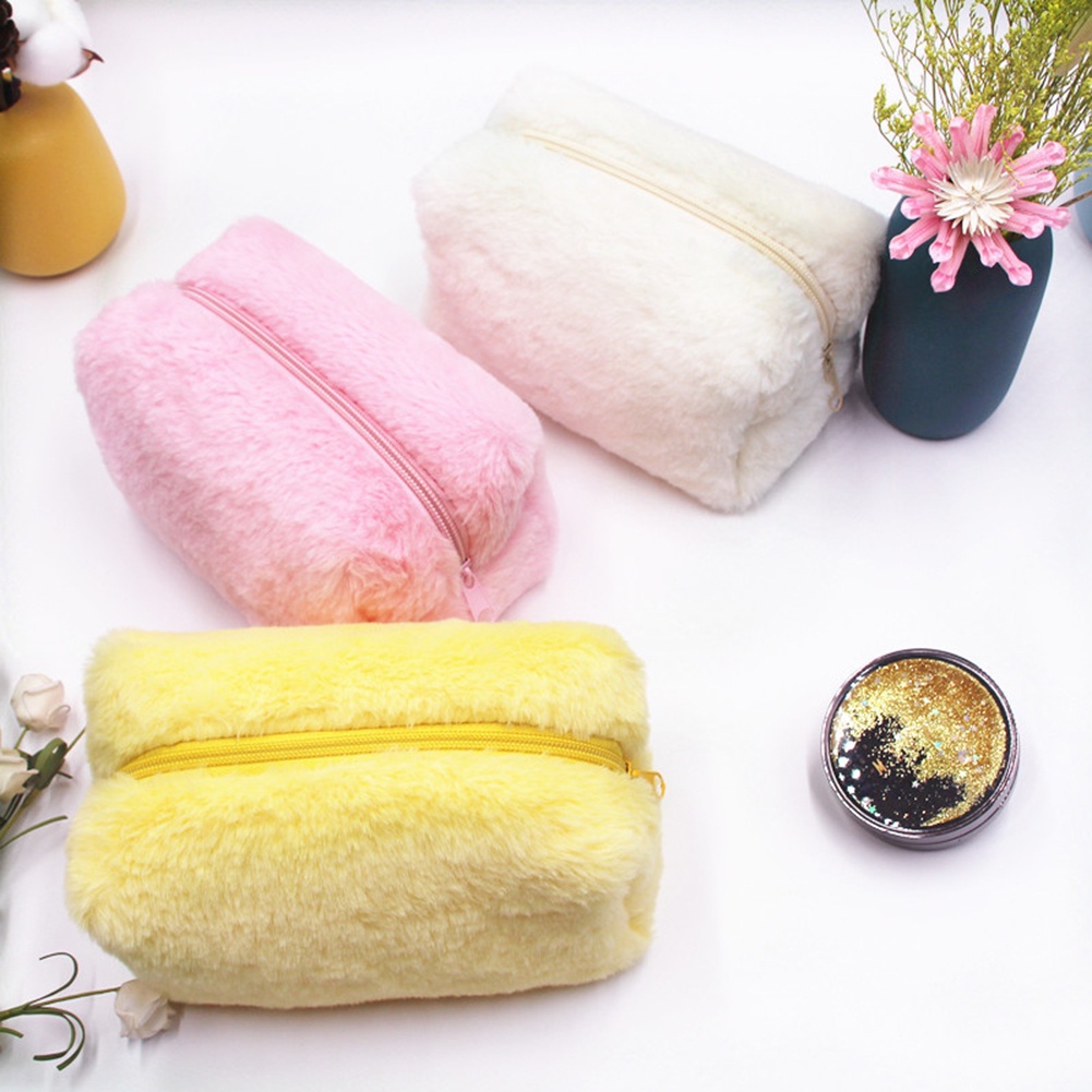 Túi Đựng Bút / Mỹ Phẩm Phủ Lông Màu Macaron Dễ Thương Nhỏ Gọn Tiện Dụng