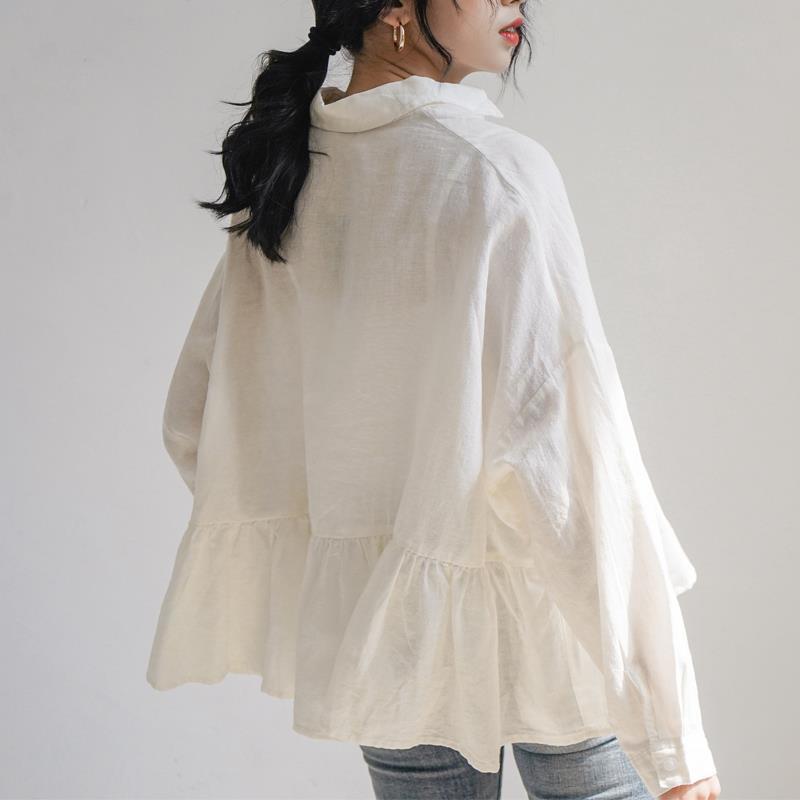 Áo sơ mi tay dài dáng rộng eo cao màu trơn vải mỏng thời trang Hàn Quốc bằng vải cotton phối diềm xếp nếp cho bạn nữ
