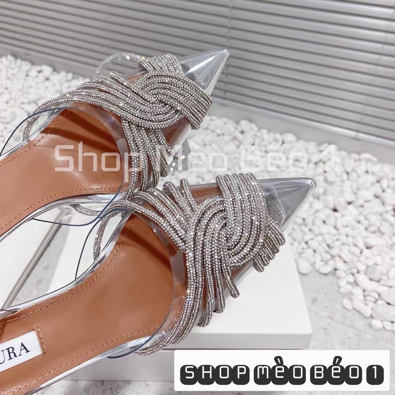 Sandal mica mũi nhọn gắn đá đan chéo gót nhọn fullbox hàng quảng châu cao cấp