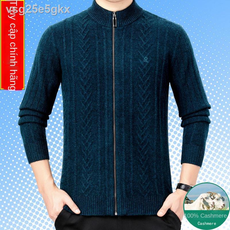 ◑ hàn quốcThu đông thuần cashmere T-shirt nam trung niên mặc cao cấp màu tinh khiết khóa kéo áo len cổ tròn mới ấm áp