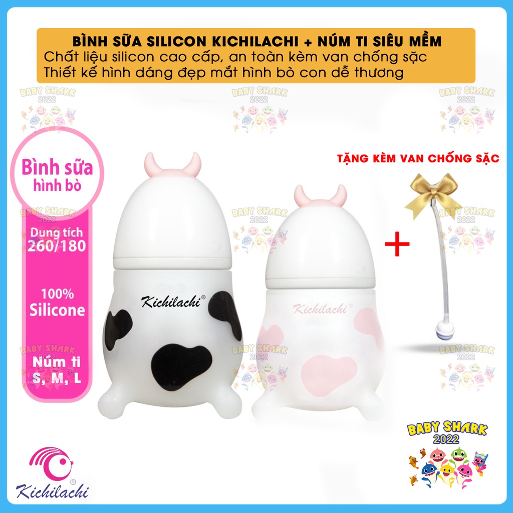 Bình sữa silicon hình bò sữa Kichilachi chính hãng núm ti silicon siêu mềm cho bé 180ml/ 260ml