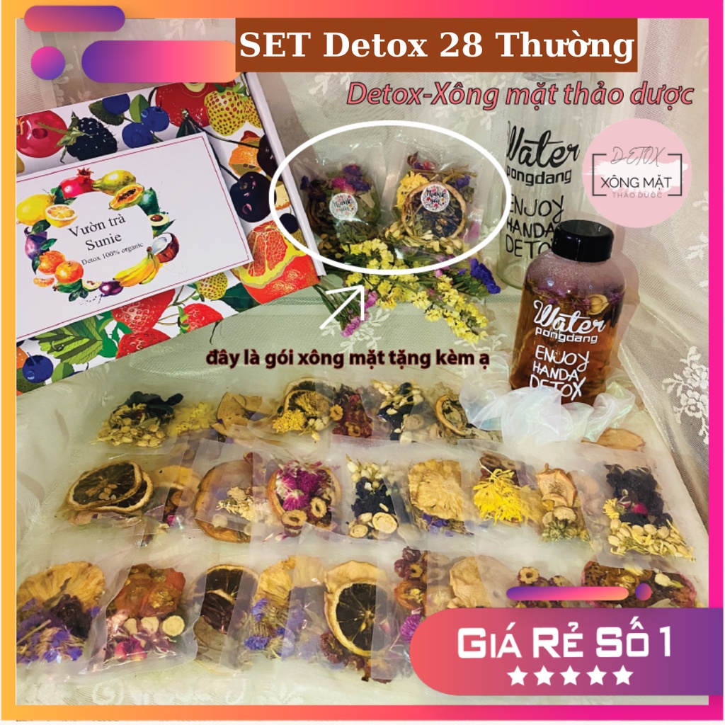 [SALE] Set 28 gói trà detox hoa quả sấy khô giảm cân Sunie + tặng kèm bình 500ml + 2 gói xông mặt thảo dược