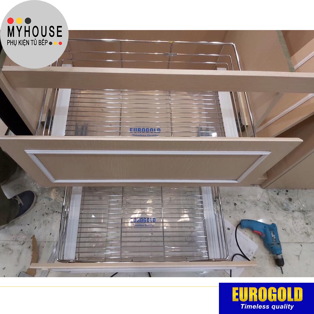 Kệ để xoong nồi EUROGOLD Inox 304 nan dẹt ray giảm chấn, Kệ để đồ tủ bếp dưới, phụ kiện tủ bếp