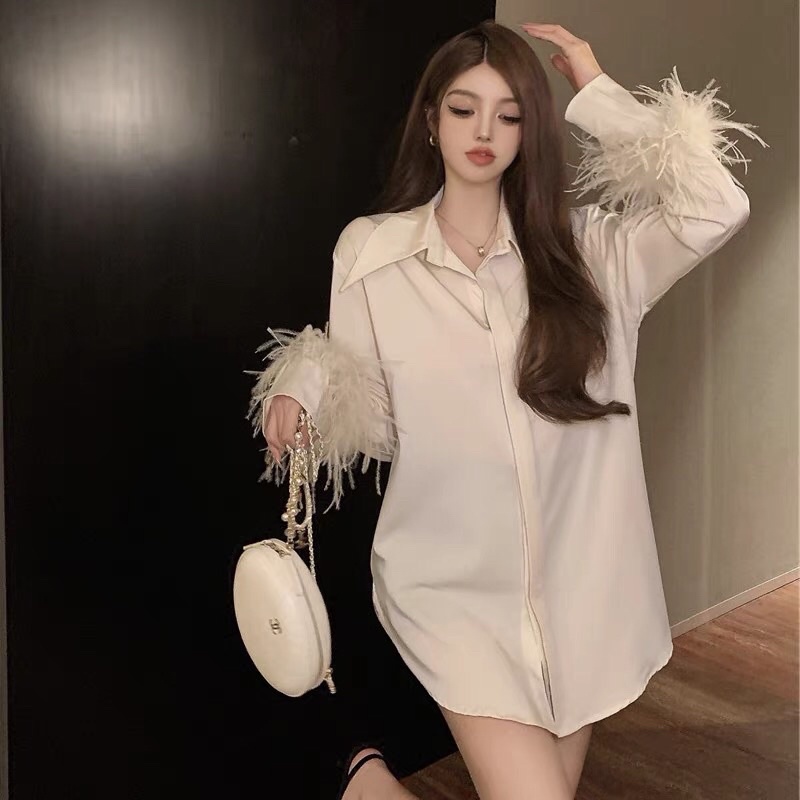 Áo sơ mi tay dài đính lông vũ kèm ảnh thật