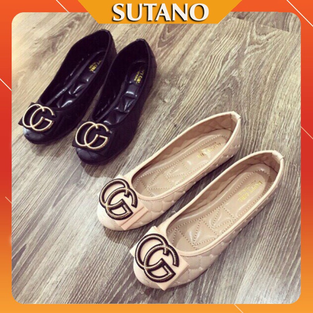 Giày bệt búp bê trần da đính họa tiết CC