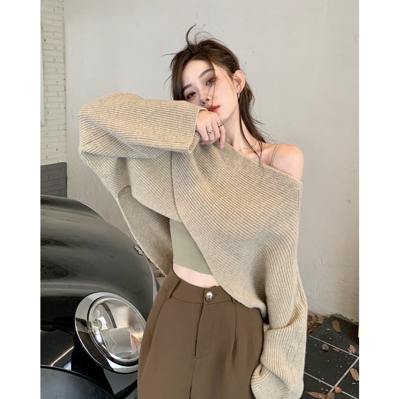 HUANG YOYO Áo Dệt Kim Trễ Vai Tay Dài Dáng Rộng Thời Trang Hàn Quốc Cho Nữ