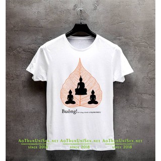 Áo thun Unisex cho Phật tử và Yoga mẫu Lá bồ đề cam 3 tượng Phật và câu Buông bỏ cũng chính là Hạnh Phúc