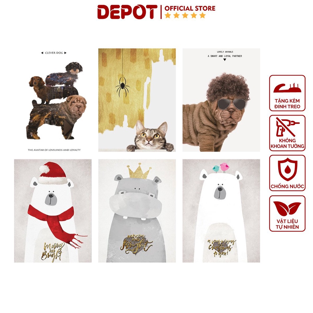 Bộ tranh canvas họa tiết động vật đáng yêu, tranh DEPOT thú cưng trang trí phòng khách, phòng ngủ