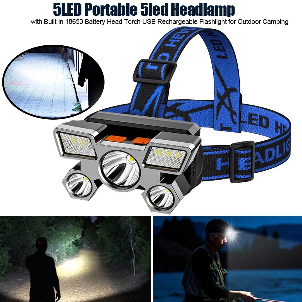 Đèn Pha 5LED Bằng ABS Siêu Sáng Có Thể Sạc Lại Bằng Cổng USB