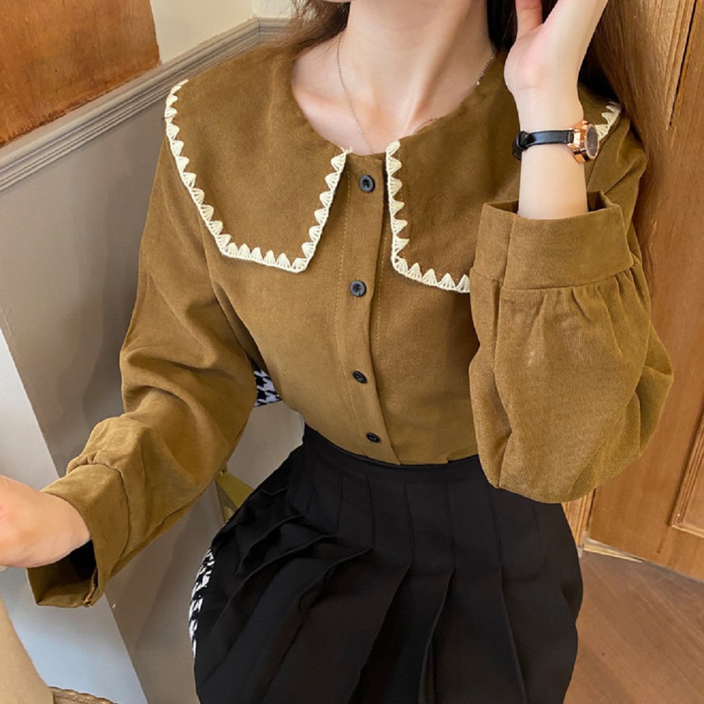 Áo babydoll nhung lì cổ bèo thêu tiểu thư Ulzzang (hàng QC) - Ảnh thật