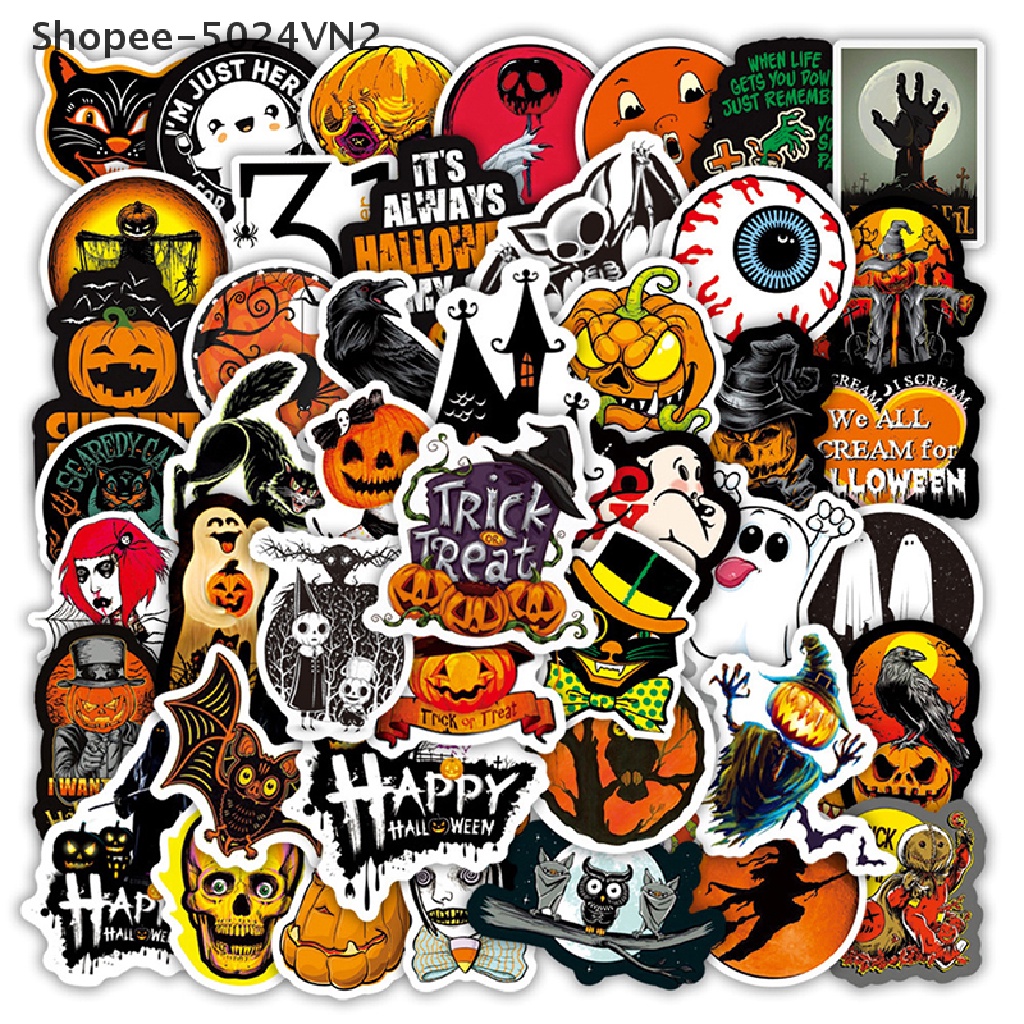 Bộ 50 Hình Dán Trang Trí Chai Nước Chủ Đề Halloween