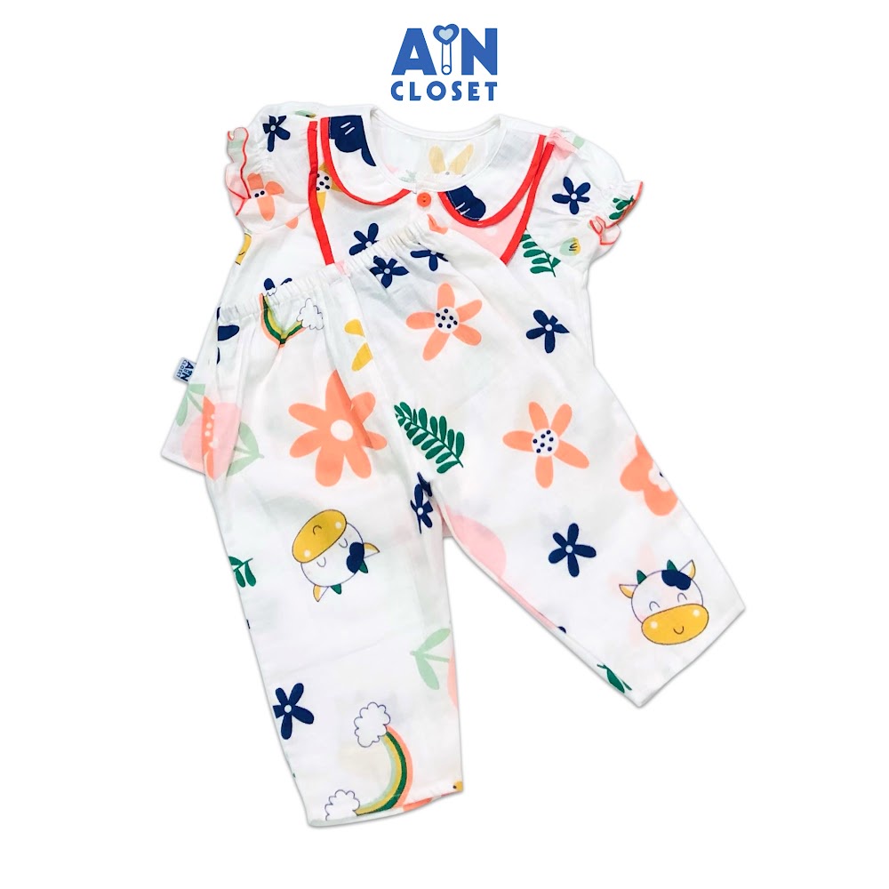 Bộ quần dài áo tay ngắn bé gái họa tiết Bò cười xô sợi tre - AICDBGICK4EW - AIN Closet