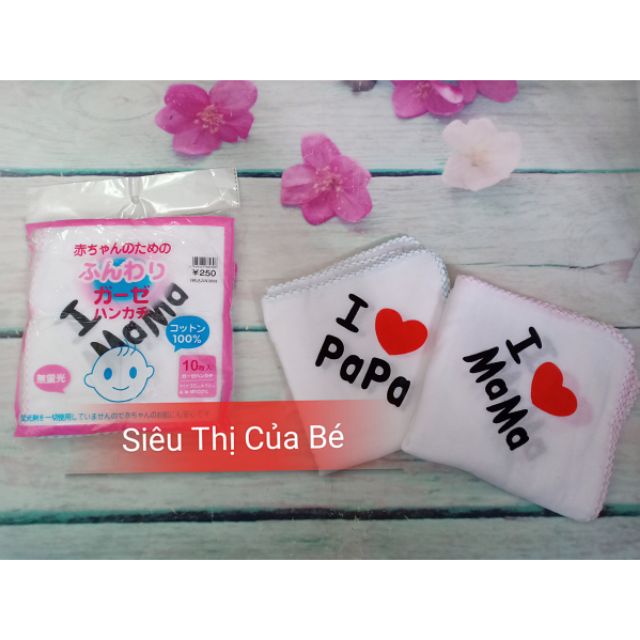 1 bịch 10 khăn sữa xuất Nhật I ❤️ PaPa, MaMa cho bé